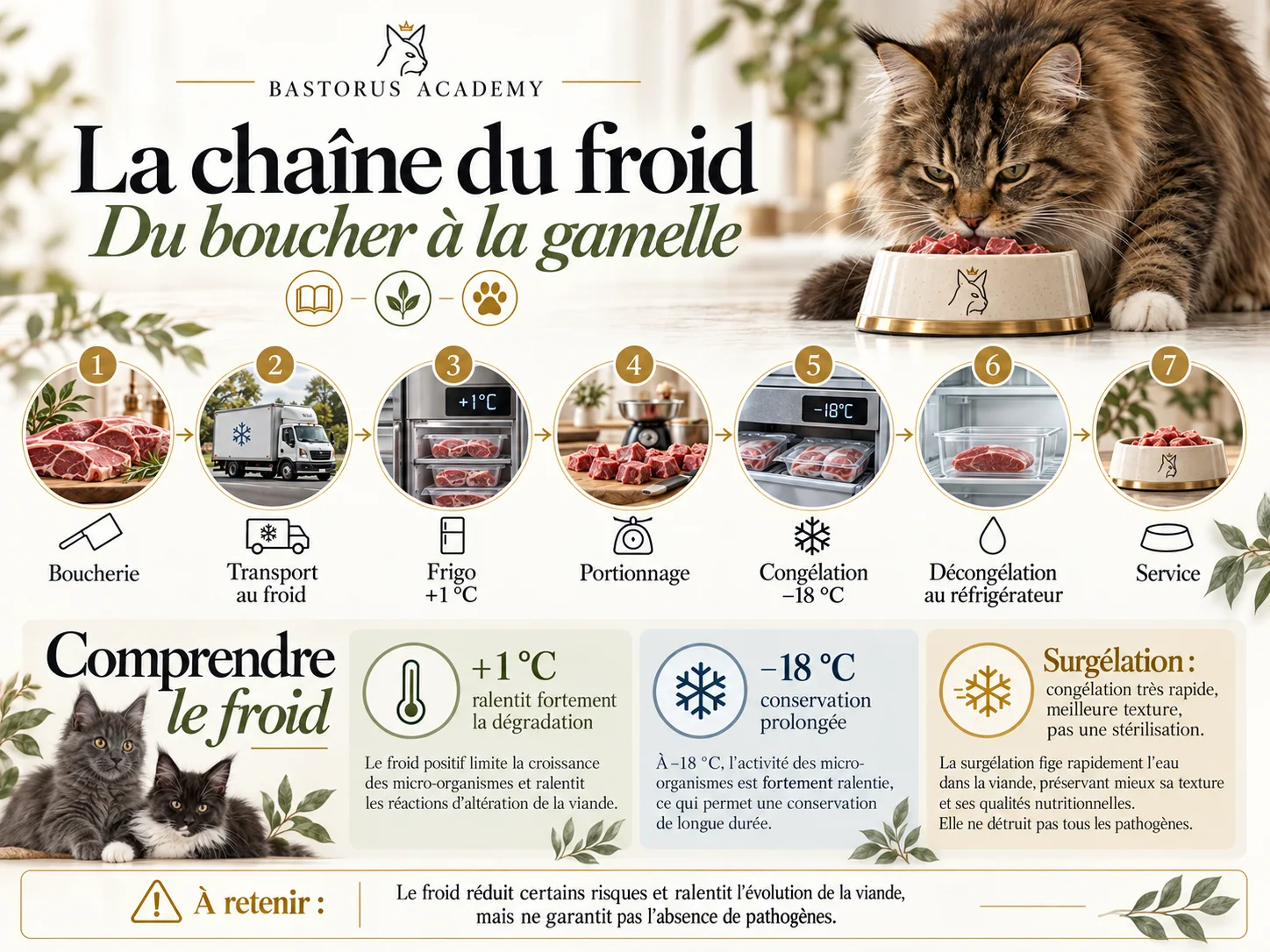 La chaîne du froid, du boucher à la gamelle : boucherie, transport au froid, réfrigérateur à +1 °C, portionnage, congélation à −18 °C, décongélation au réfrigérateur, service