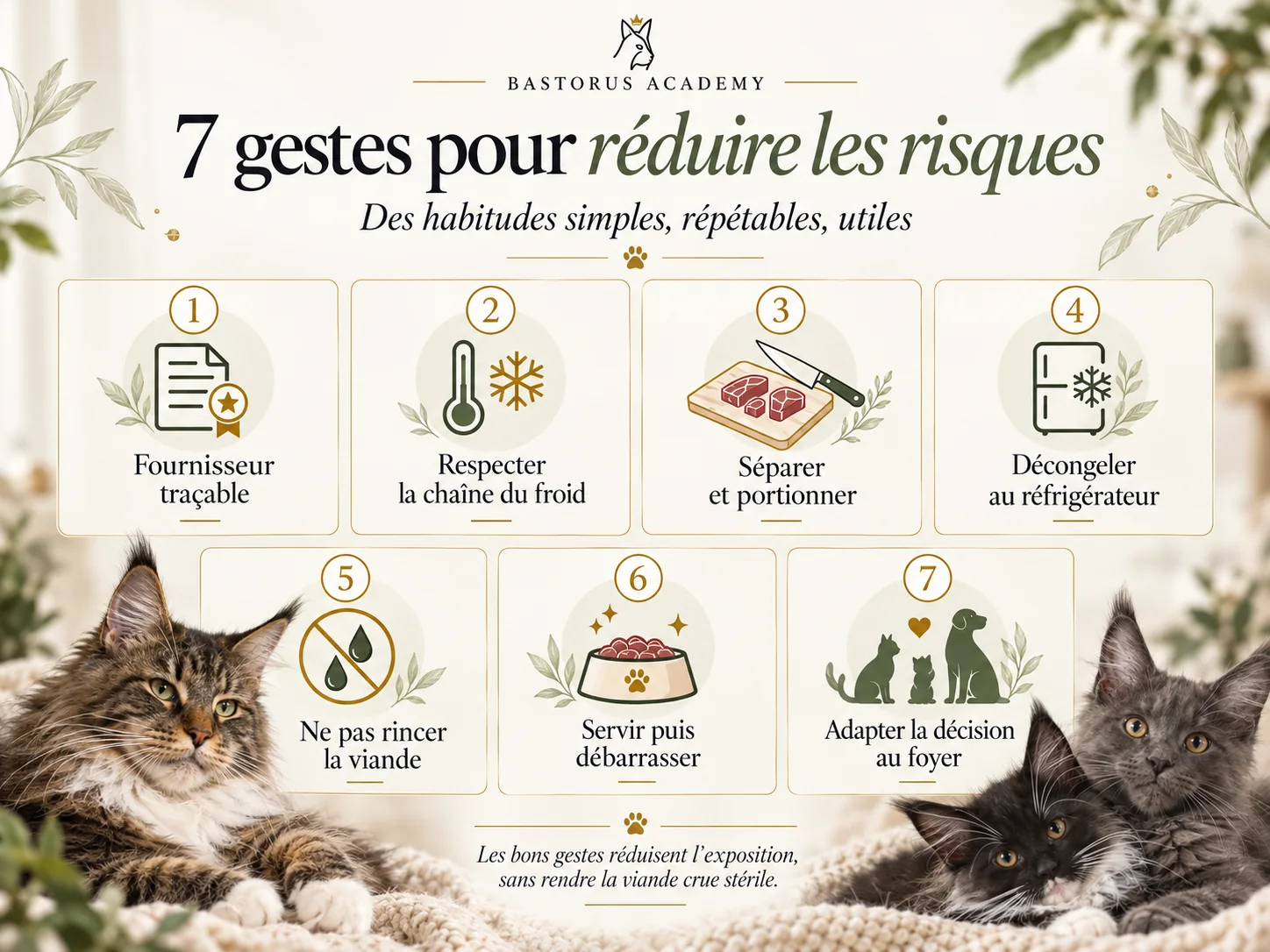 Sept gestes pour réduire les risques : fournisseur traçable, chaîne du froid, séparer et portionner, décongeler au réfrigérateur, ne pas rincer la viande, servir puis débarrasser, adapter la décision au foyer