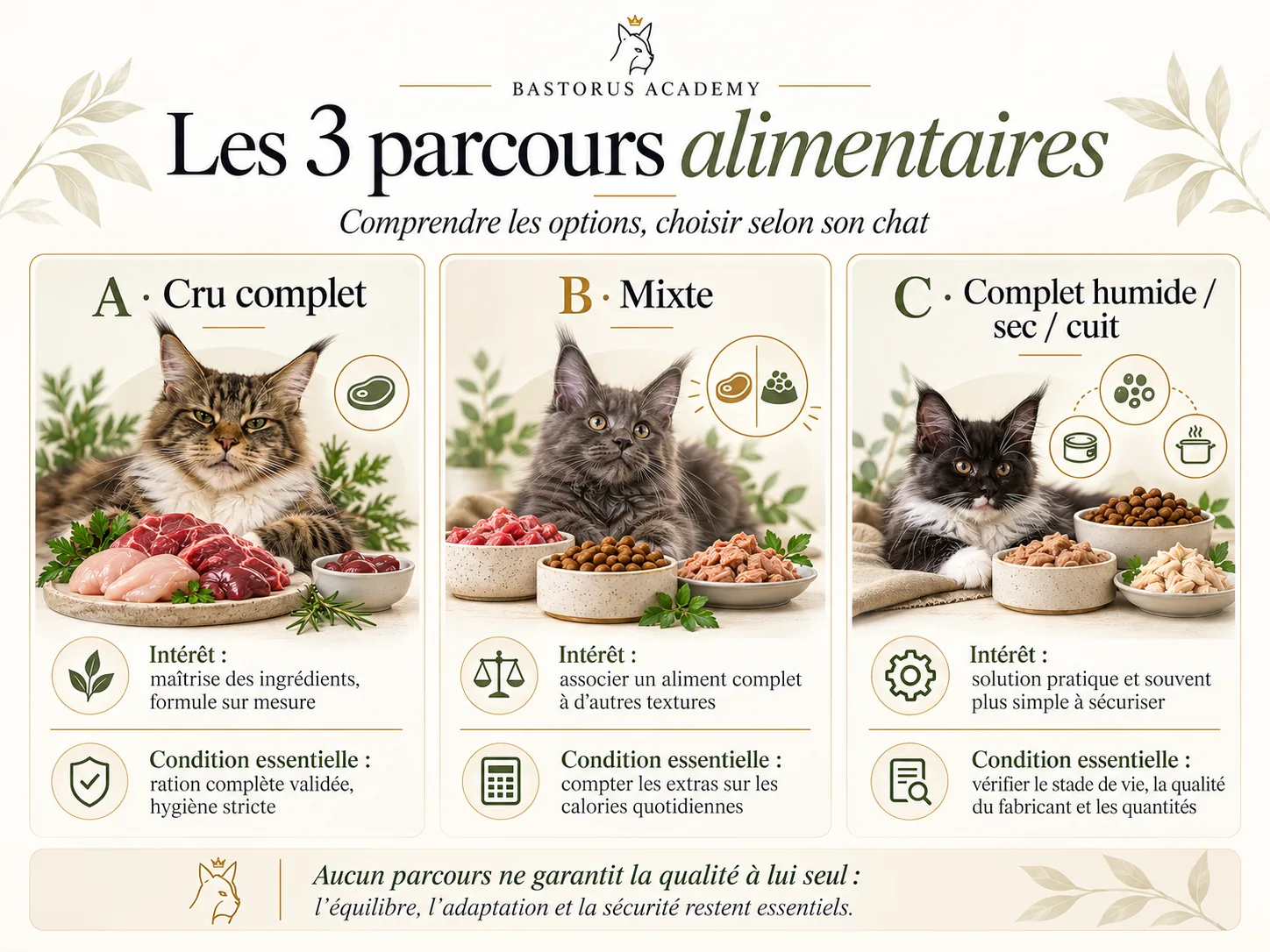 Les trois parcours alimentaires : A, cru complet ; B, mixte ; C, complet humide, sec ou cuit